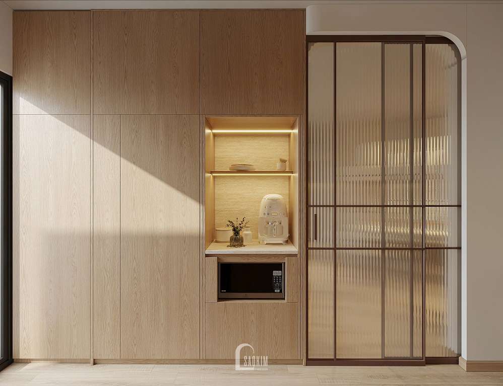 Thiết kế nội thất phòng bếp phong cách Wabi Sabi cho căn hộ 87m² Hinode City.